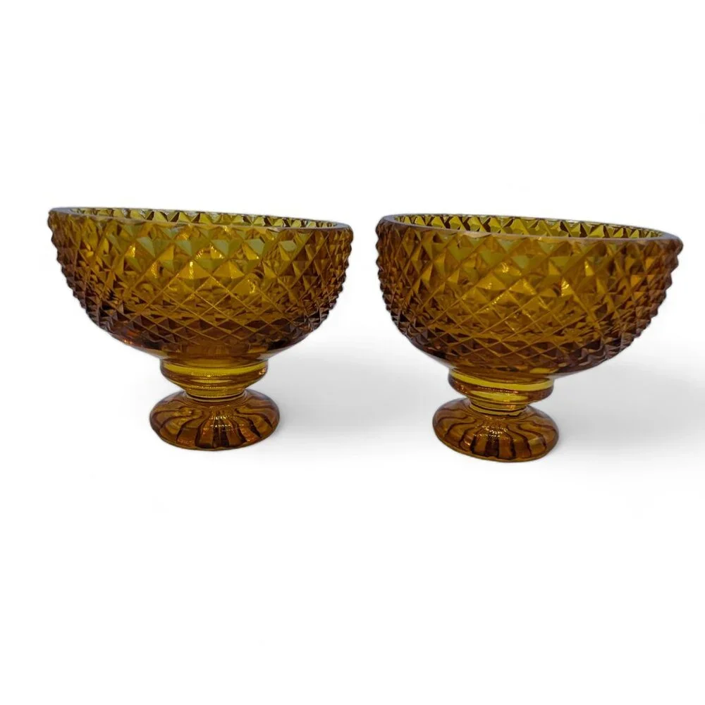 Vintage Amber Gold Glass Set of 2 Dessert Dish Cup Diamond Cut Design Bowls